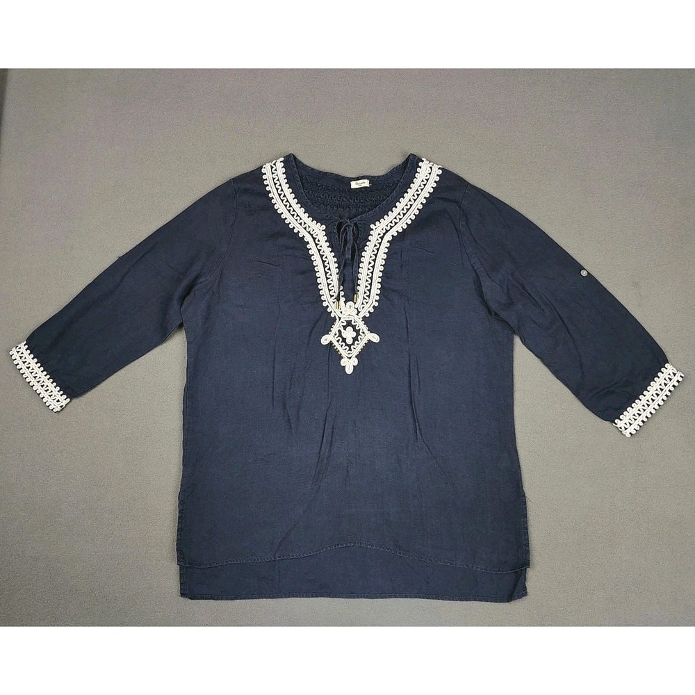 Simple NYC 100% Linen Tunic Top XL 16-18 Navy Blue Roll Tab ¾ Sleeve Lagenlook